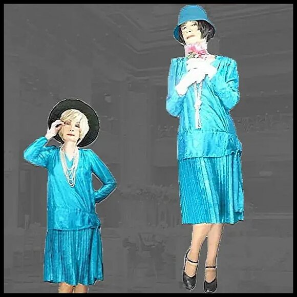 Vintage 20s Style Drop Waist Dress with Art Deco Print - 80s Flapper Costume - Picture 5 of 13